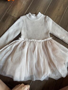 Girls' Cream Knit & Tulle Party Dress